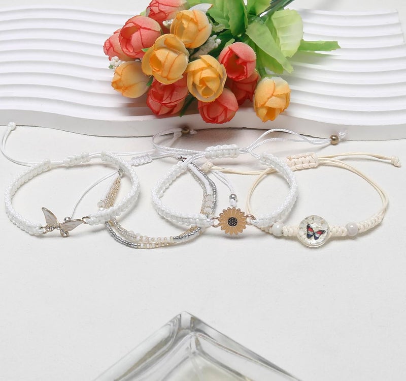 DS 4PCS String beads Charm Bracelets for Teen Girls Dainty cute cartoon Butterfly Daisy Eternal flower Beads Bracelets set for woman and girls Adjustable Stretch bracelet birthday Gift For Friends - Image 2